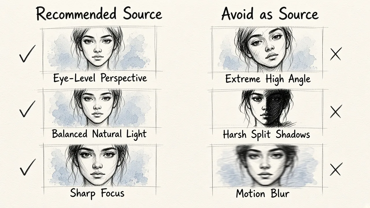 A side-by-side comparison guide contrasting recommended portrait source photos against photos to avoid based on camera angle, lighting balance, and image sharpness.