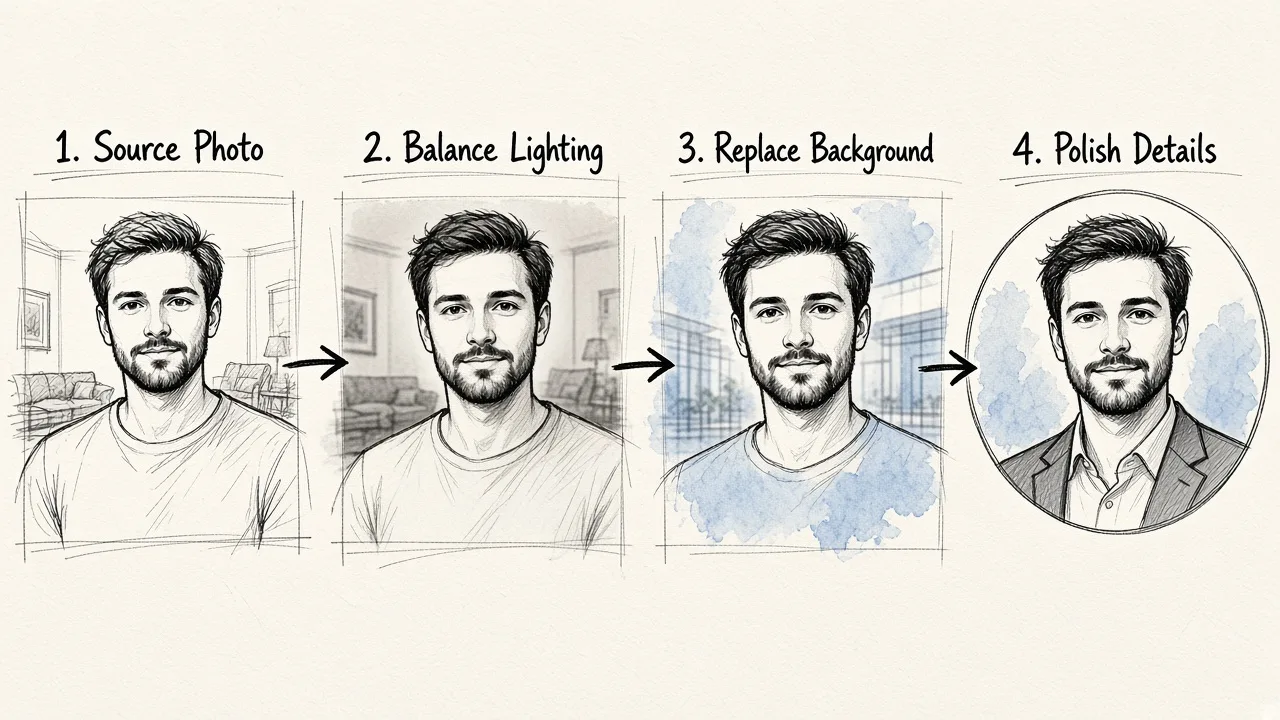 A four-step horizontal diagram showing the transformation of a casual smartphone photo into a polished corporate headshot through lighting adjustments, background replacement, and detail cleanup.
