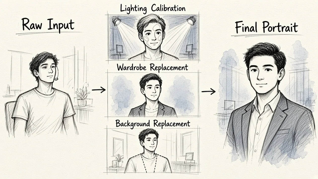 A three-stage diagram showing a casual smartphone selfie transformed through lighting calibration, wardrobe replacement, and background swapping into a corporate headshot.