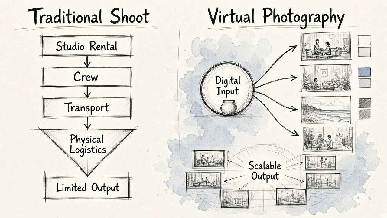 A comparison diagram showing a traditional photo shoot's linear, costly physical steps yielding limited photos versus virtual photography's single digital file branching into multiple outputs.