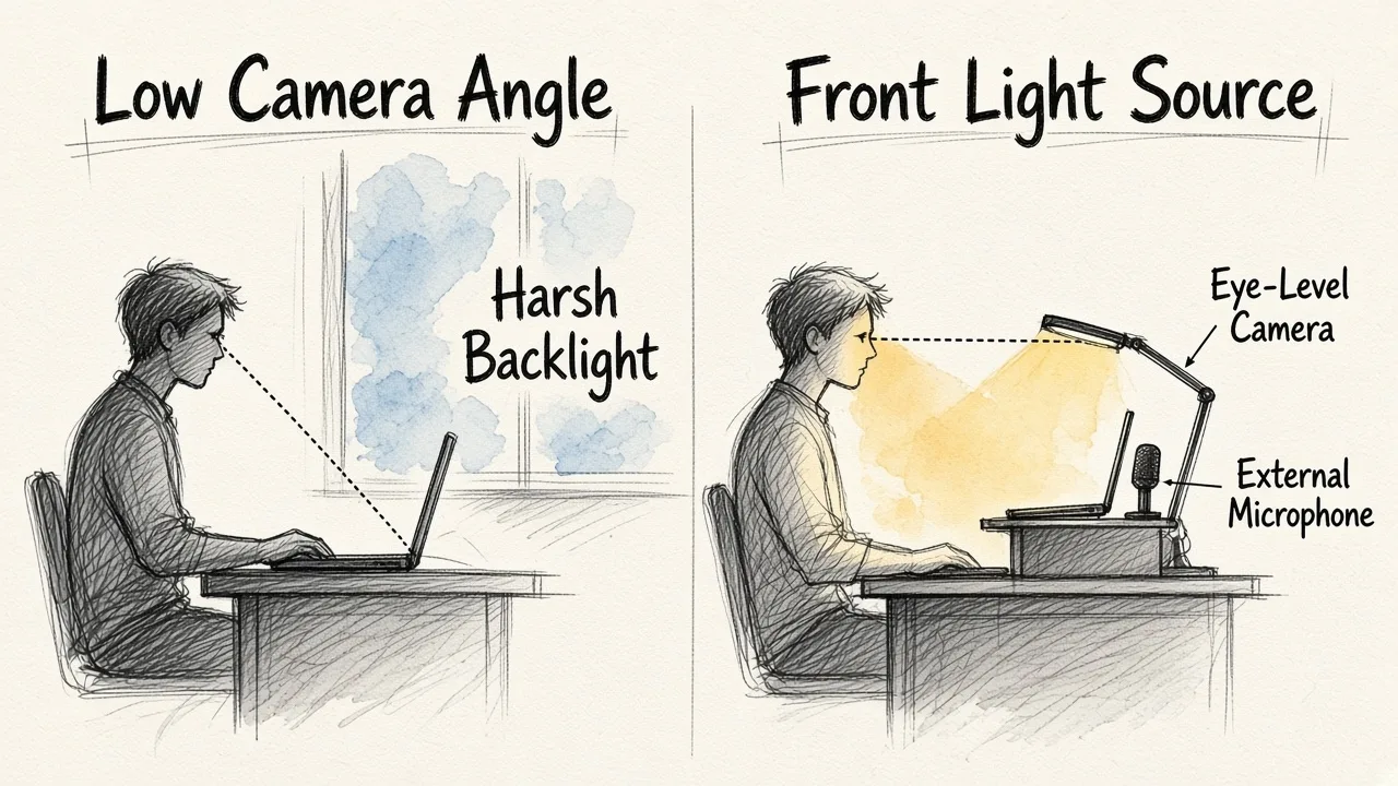 A side-by-side comparison diagram showing a poor video call arrangement with backlighting and low camera angle versus an optimal setup with eye-level camera framing and front lighting.