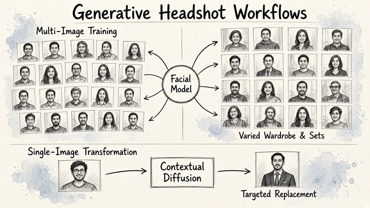 A comparison diagram showing two AI headshot methods: multi-image training that creates diverse portrait variations, and single-image transformation that directly swaps clothing and backgrounds.