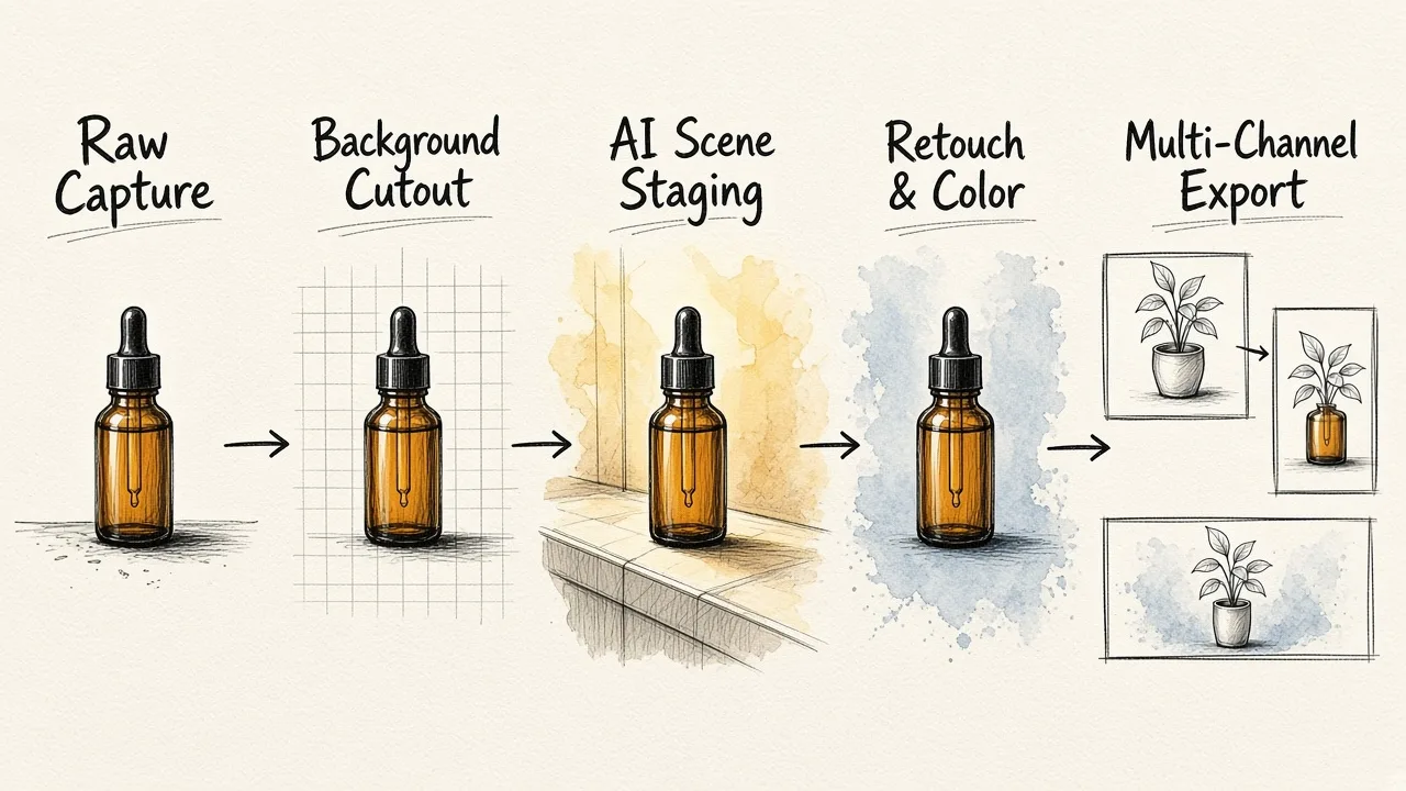 A step-by-step diagram showing a cosmetic bottle moving through five stages from raw capture and background cutout to AI staging, retouching, and multi-format export.