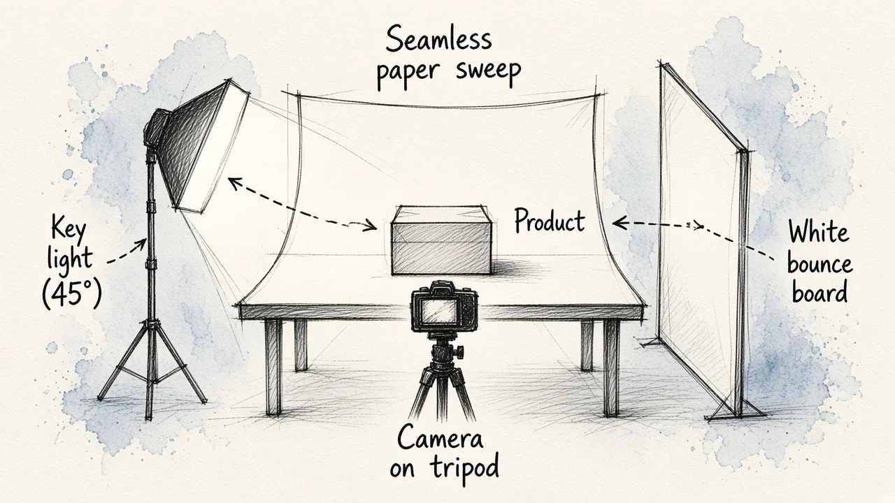A top-down diagram showing a tabletop product photography setup with a camera, curved sweep, a 45-degree key light, and an opposing bounce board.