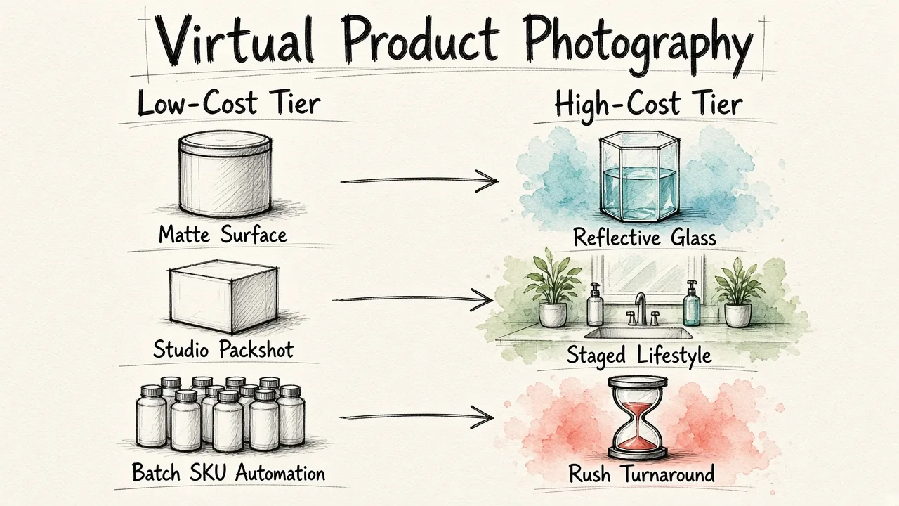 A comparative diagram showing how product surface complexity, scene staging, and turnaround speed dictate virtual photography service costs between low and high tiers.