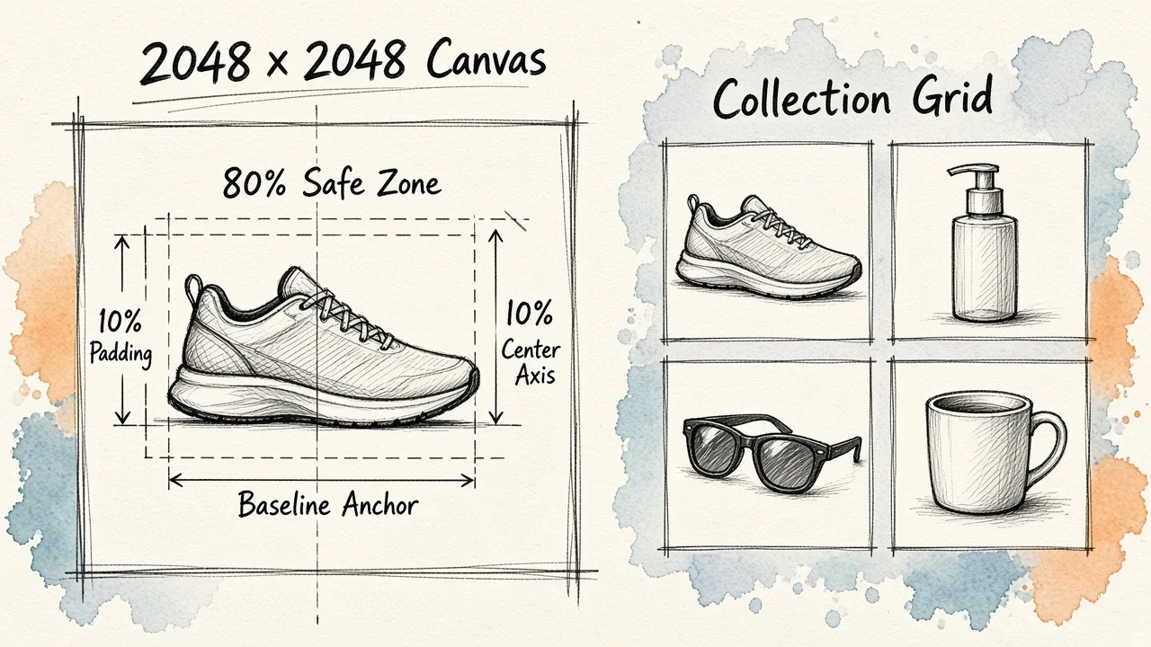 A diagram illustrating automated product image specifications with bounding boxes and padding margins alongside a four-item product grid demonstrating uniform catalog scaling.