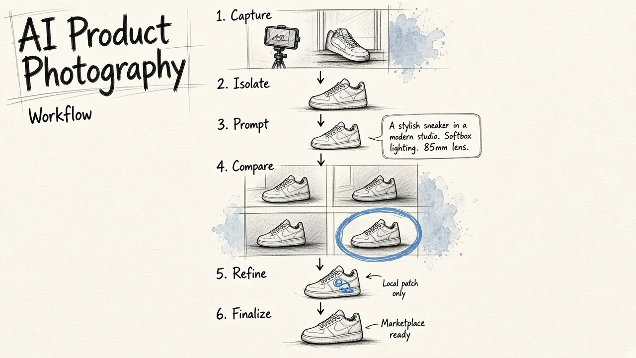 Six sequential steps for creating AI product photography, from shooting a source photo through background removal, scene description, comparison, selective fixing, and final export.