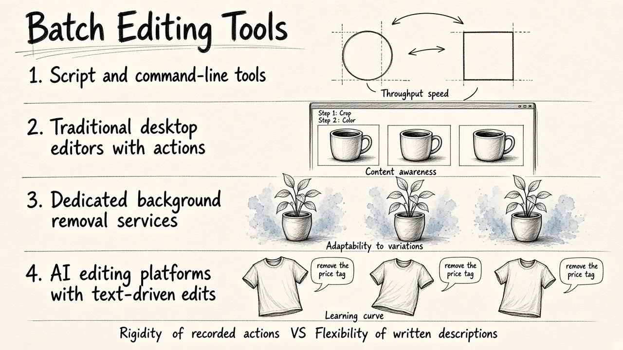 A four-row comparison diagram showing how different batch image editing approaches handle the same editing tasks, from mechanical resize tools to AI platforms that understand text instructions.