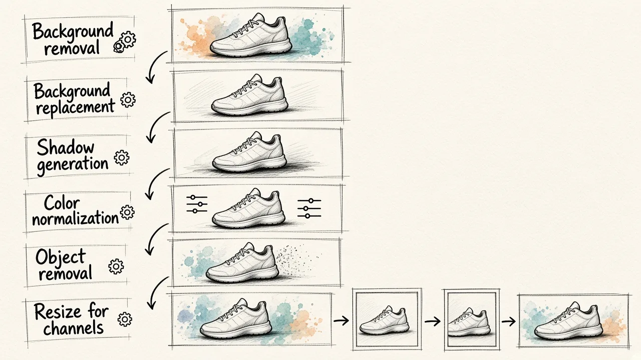 A six-step flowchart showing how automated product photo editing transforms a raw image through background removal, replacement, shadow generation, color normalization, object removal, and resizing.
