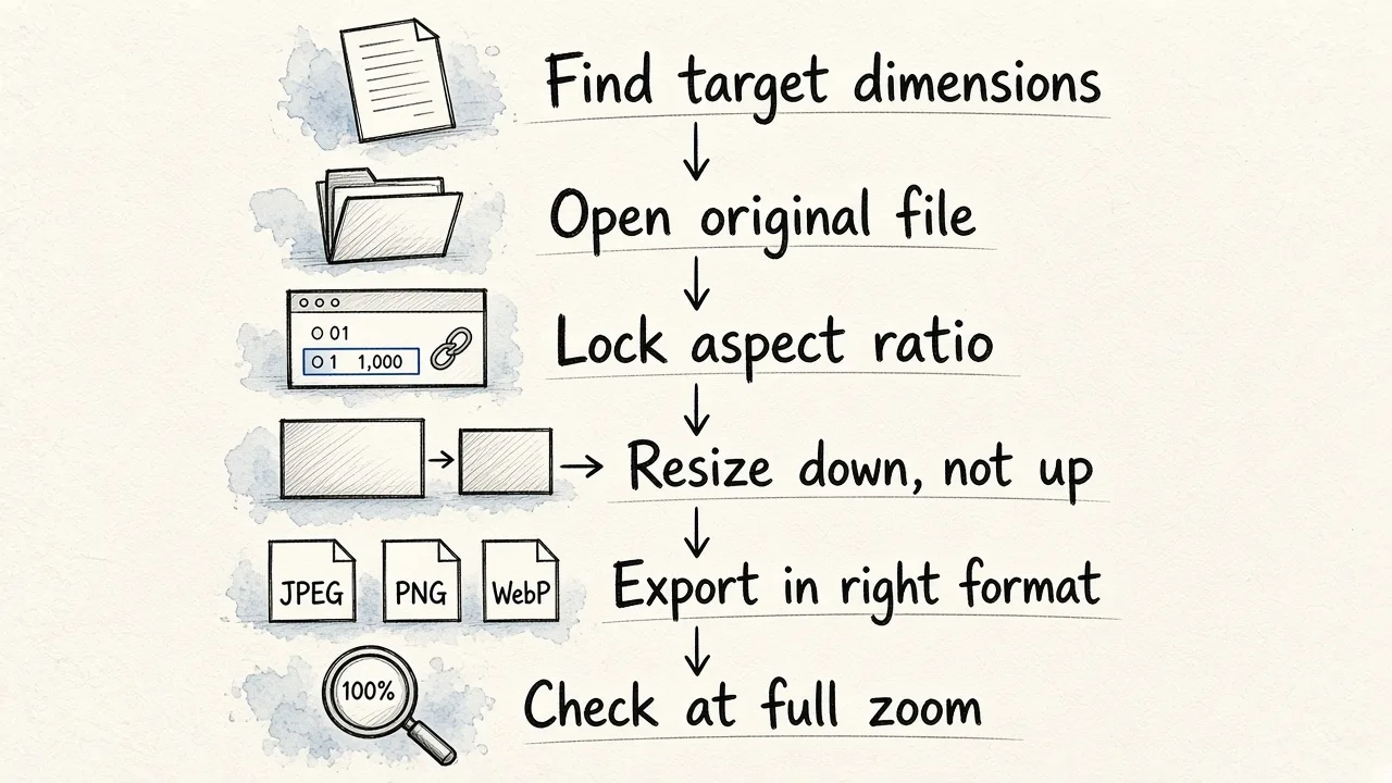 A six-step flowchart for photo resizing, from finding dimensions through to checking the result at full zoom.