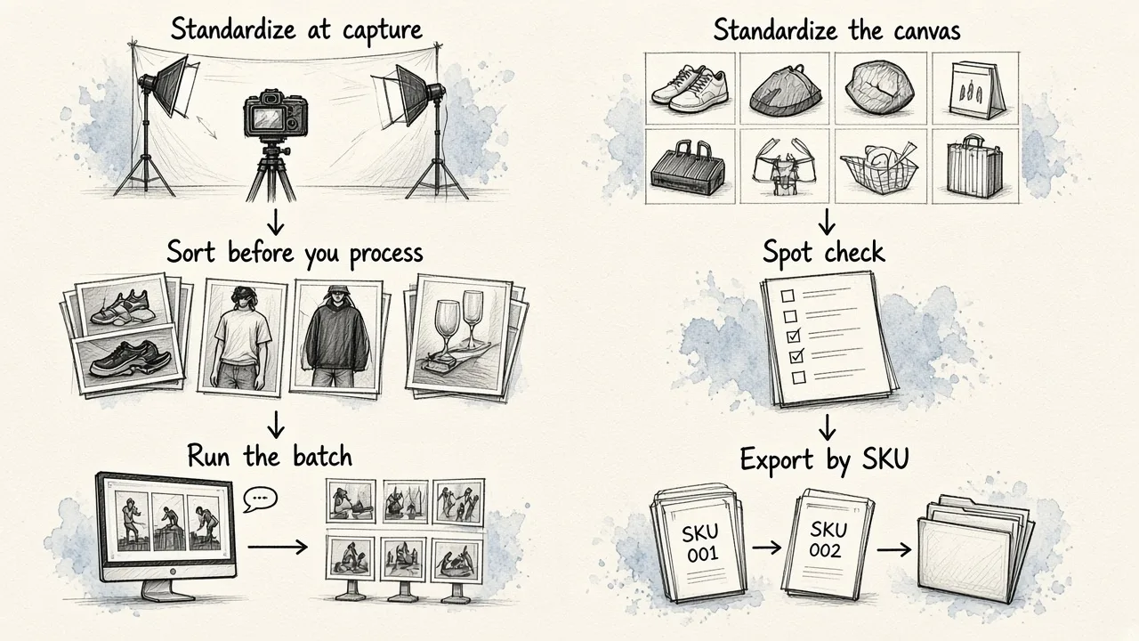 Six-step workflow diagram showing the process from photographing products with consistent setup through final export by SKU.