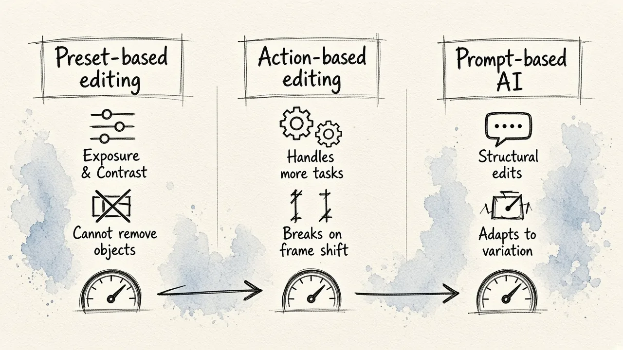 Three editing approaches compared side by side: presets for tonal adjustments, actions for sequences that break on framing changes, and prompt-based AI for structural edits that adapt across variations.