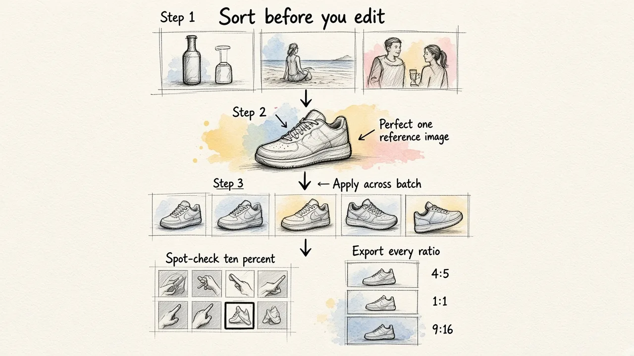 Five-step vertical workflow showing how to sort, perfect, batch-apply, export multiple ratios, and spot-check images for consistent Instagram marketing.