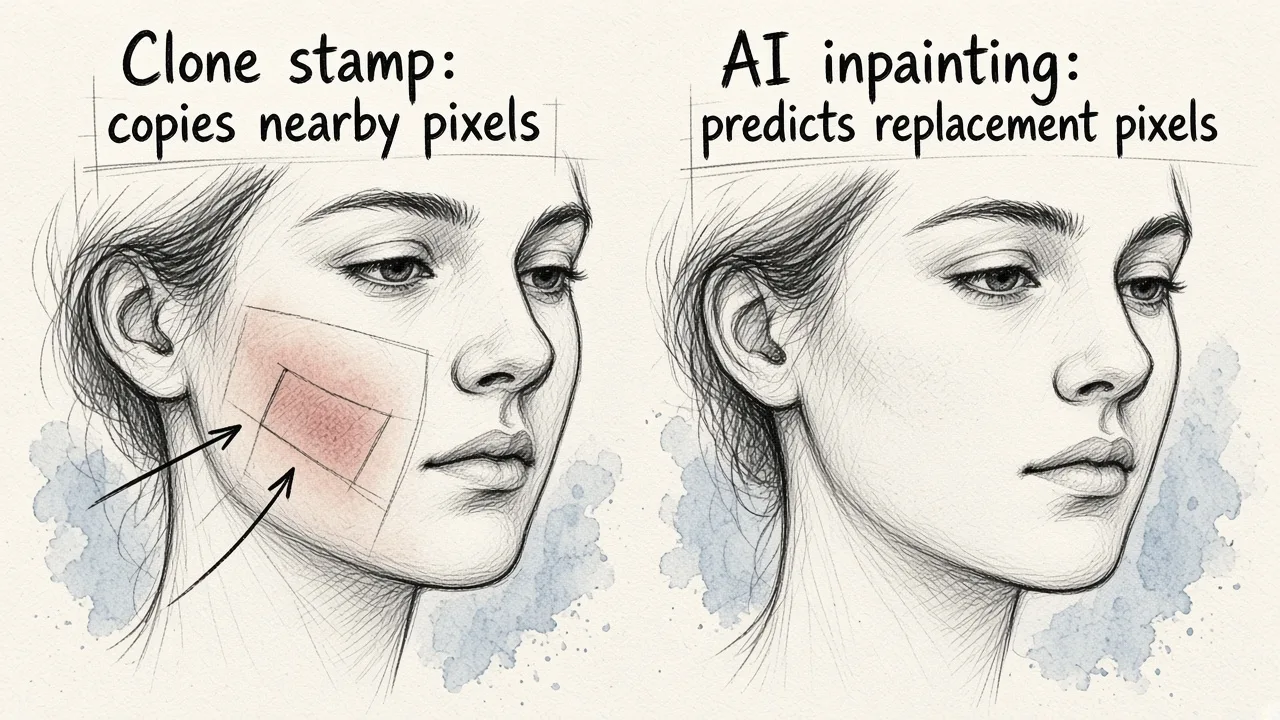 Comparison of clone stamp retouching versus AI inpainting, showing why AI handles edges and texture better.