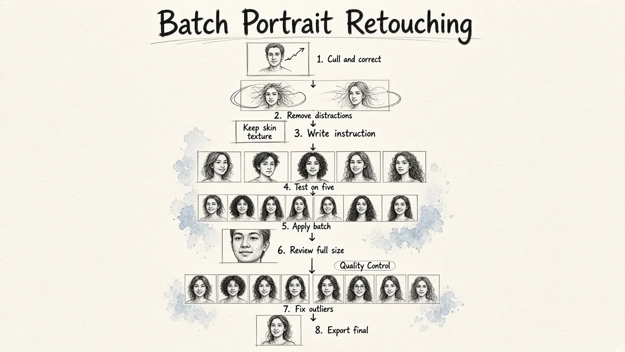 Flowchart showing eight sequential steps for retouching a batch of portraits, from initial correction through final export.
