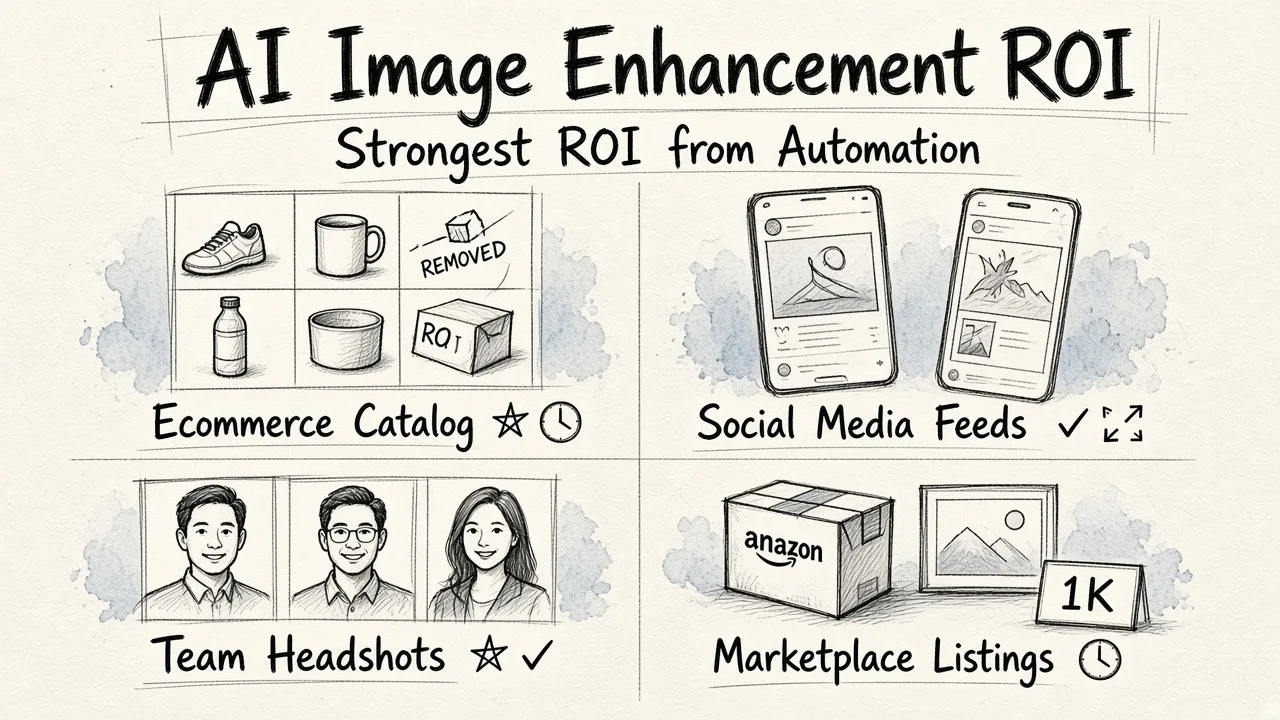 Four scenarios showing where AI image enhancement delivers the strongest returns: ecommerce catalogs, social content, team headshots, and marketplace listings.
