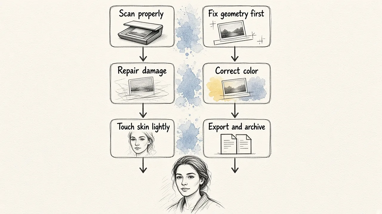 A six-step workflow diagram showing the order of photo restoration tasks from scanning through final export.