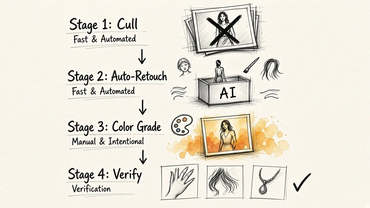 Four-stage workflow diagram showing image culling, AI retouching pass, manual color grading, and detail verification for fashion portfolio retouching.