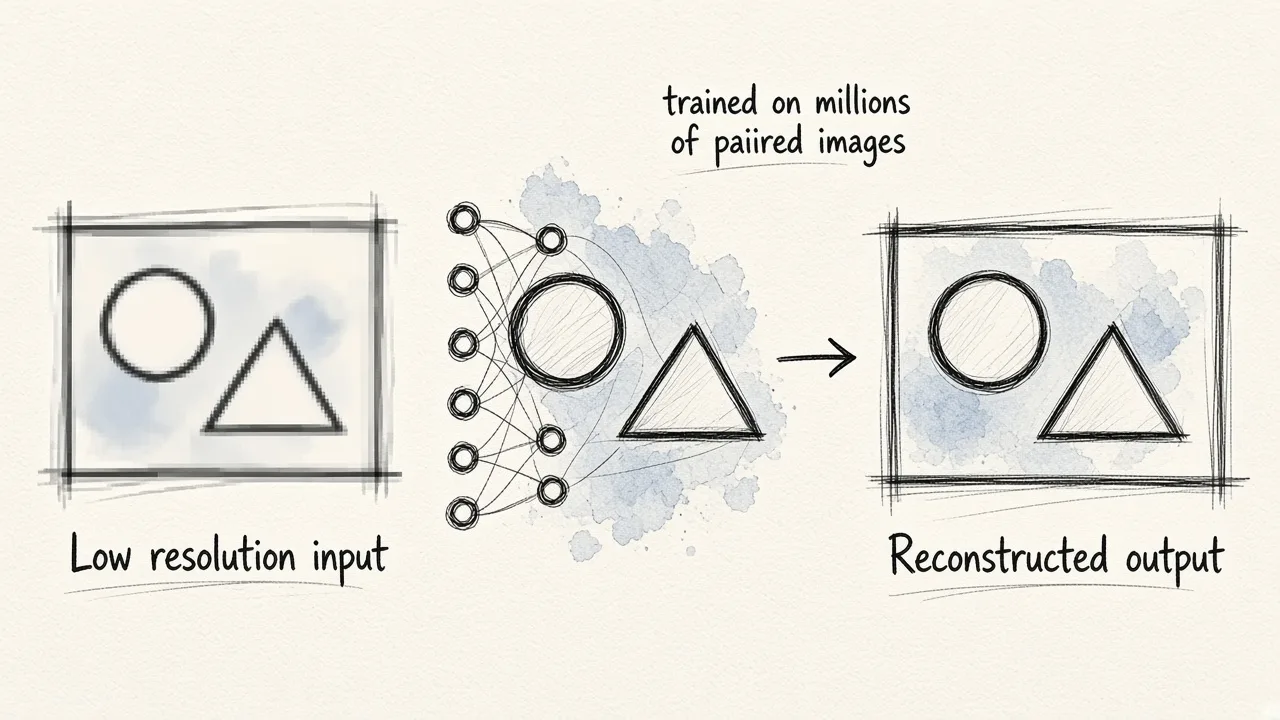 Three-stage diagram showing how AI upscaling reconstructs detail from a low-resolution frame by using learned patterns to sharpen a 720p image into 1080p output.