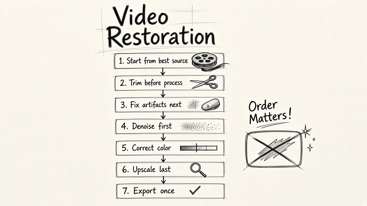 A flowchart showing seven video restoration steps in sequential order from top to bottom, connected by arrows.