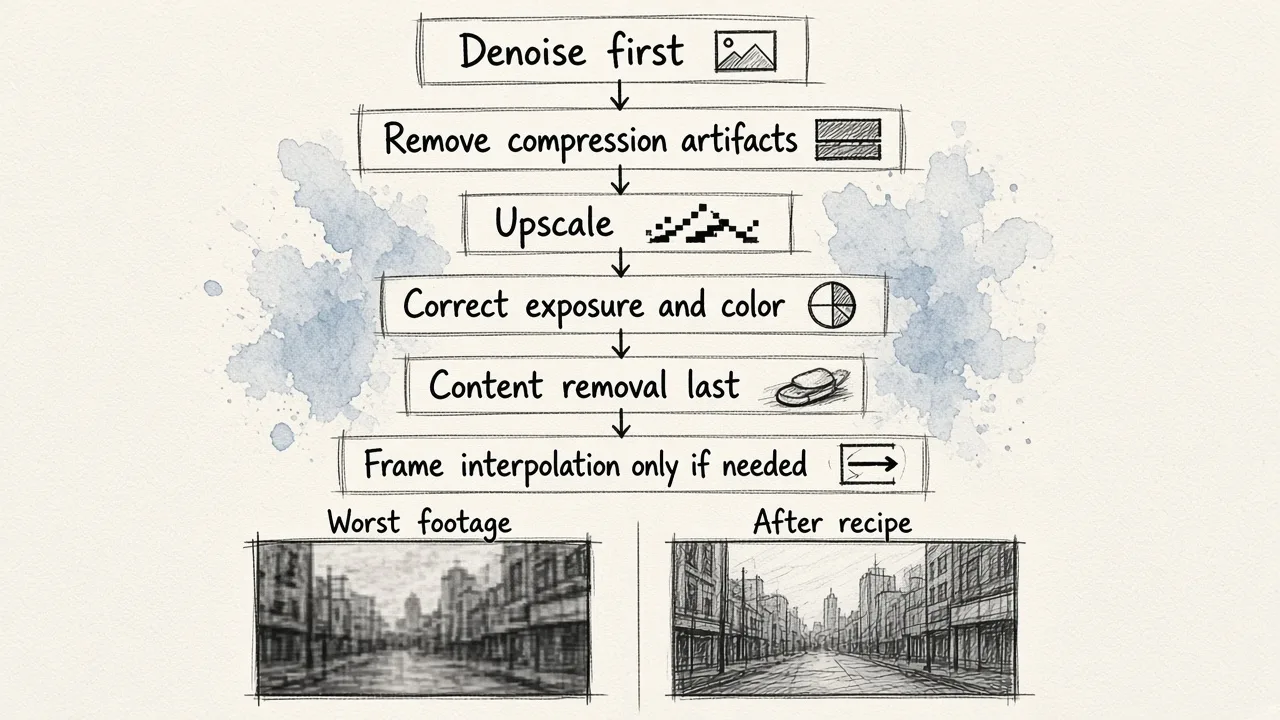 A six-step recipe flowchart for video enhancement, showing the correct order of operations from denoise through frame interpolation, with before-and-after comparison of heavily degraded footage becoming usable after the full pipeline.