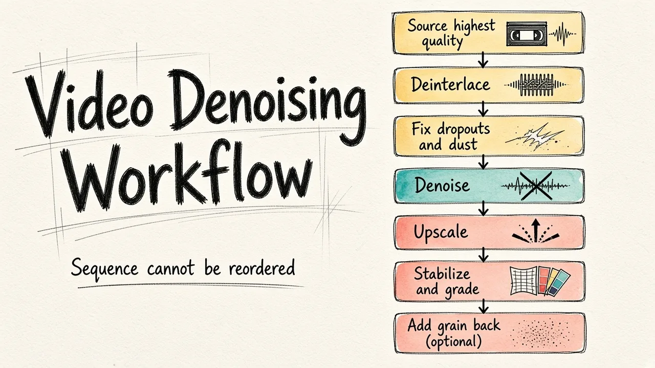 A step-by-step flowchart showing the correct order for denoising video: source quality, deinterlace, fix defects, denoise, upscale, stabilize and grade, then optionally add grain.