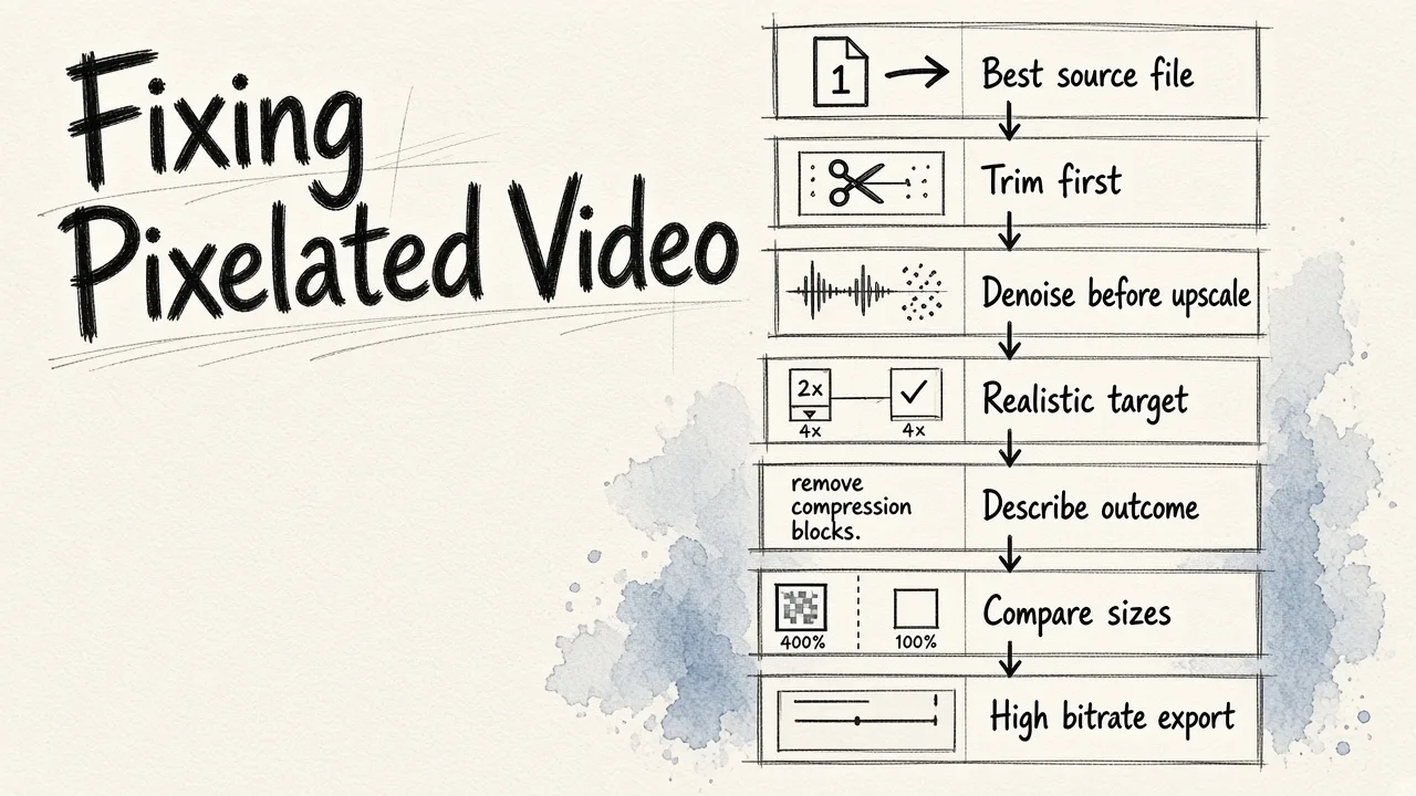 A flowchart of seven steps for automatically fixing pixelated video, from selecting a source file through final export with high bitrate.