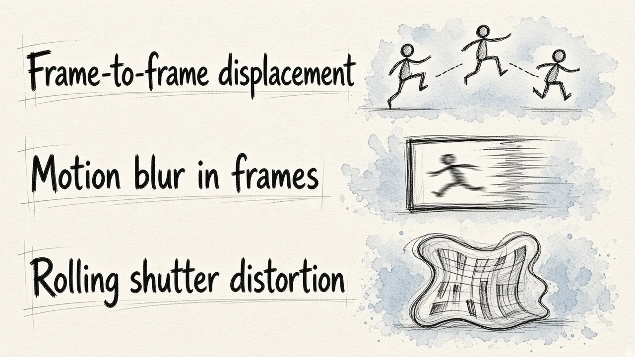 Diagram showing three separate causes of shaky video: camera displacement between frames, motion blur within frames, and rolling shutter distortion of vertical lines.
