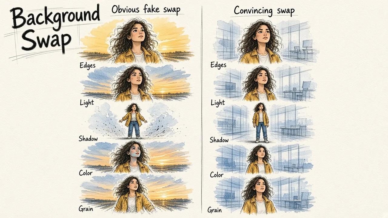 Side-by-side comparison of a photo background swap showing common mistakes on the left and corrections on the right.