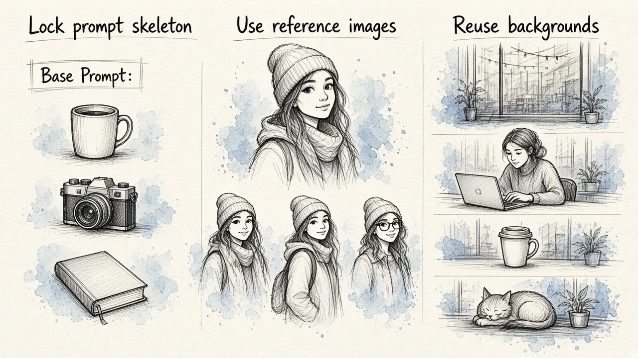 Three side-by-side techniques for maintaining consistent visual style across multiple AI-generated social media posts.