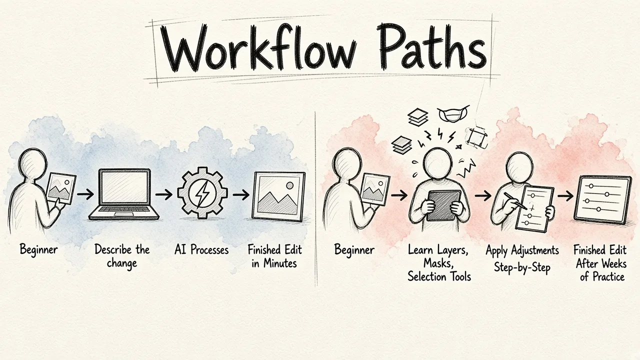 Comparison of two editing workflows: AI path shows minimal steps to a quick result, while manual software path shows many learning steps before achieving similar results.