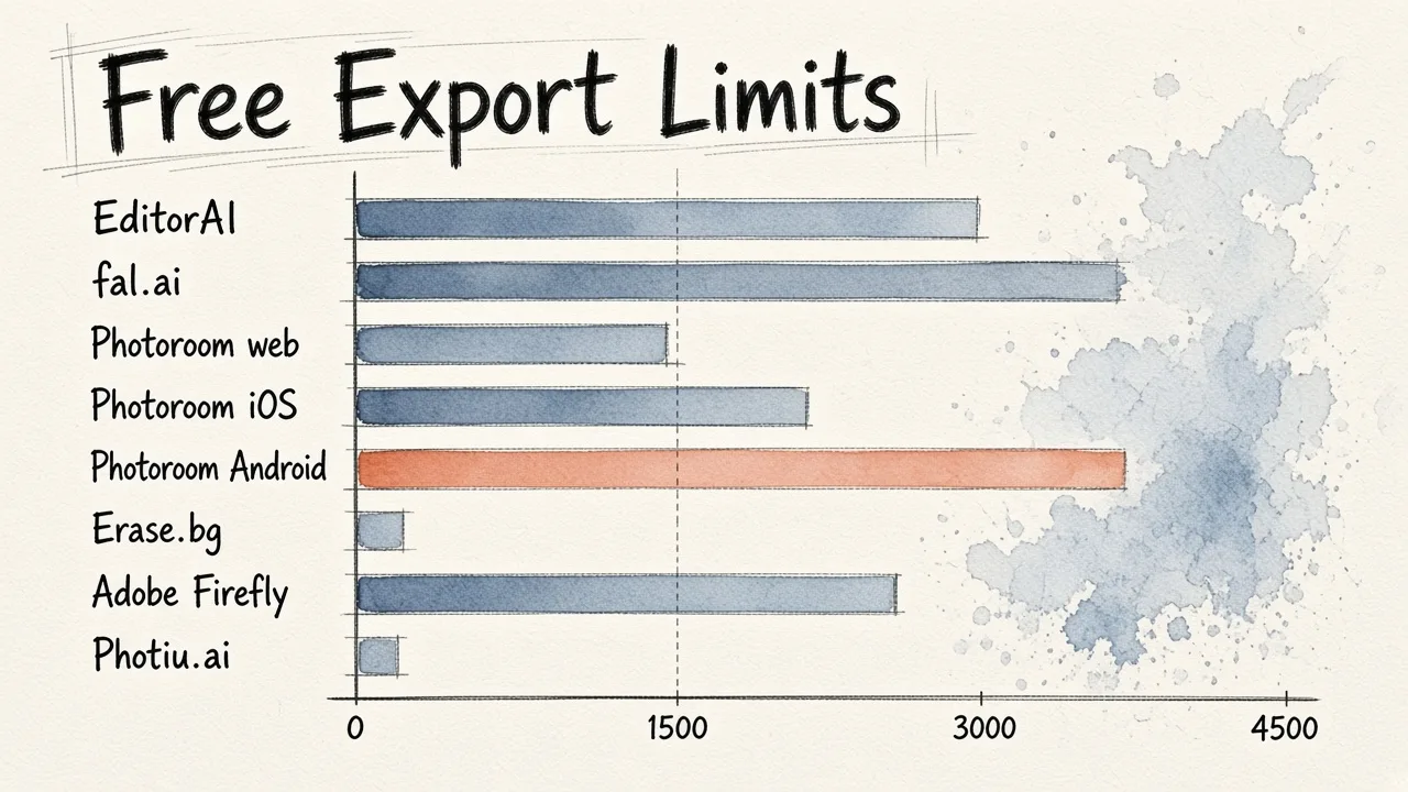 Horizontal bar chart showing export resolution limits for eight background removal tools, with most free tiers capping between 2000 and 4032 pixels.