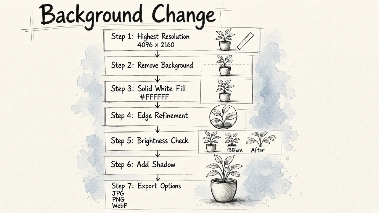 Seven-step vertical flowchart showing the process of removing a background and replacing it with pure white in an online photo editor.