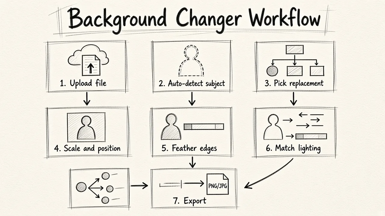 Seven-step vertical flowchart showing the process of changing a photo background online, from upload through export.