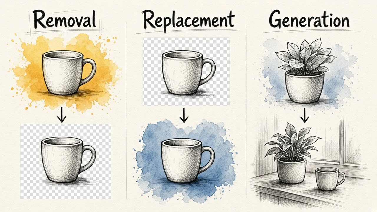 Three-column diagram showing removal creating a transparent cutout, replacement compositing the cutout onto a background, and generation creating an entirely new scene around the product.