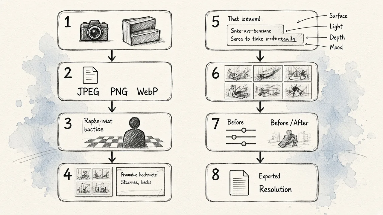 The eight-step workflow for adding an AI background to a photo, from selecting source material through final export.