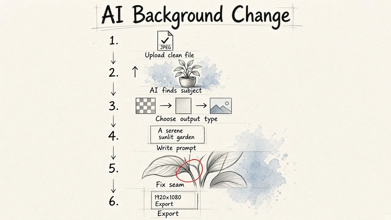 Six-step workflow for changing a photo background with AI, from uploading a clean file through final export, with detail shown for edge refinement and shadow adjustment.