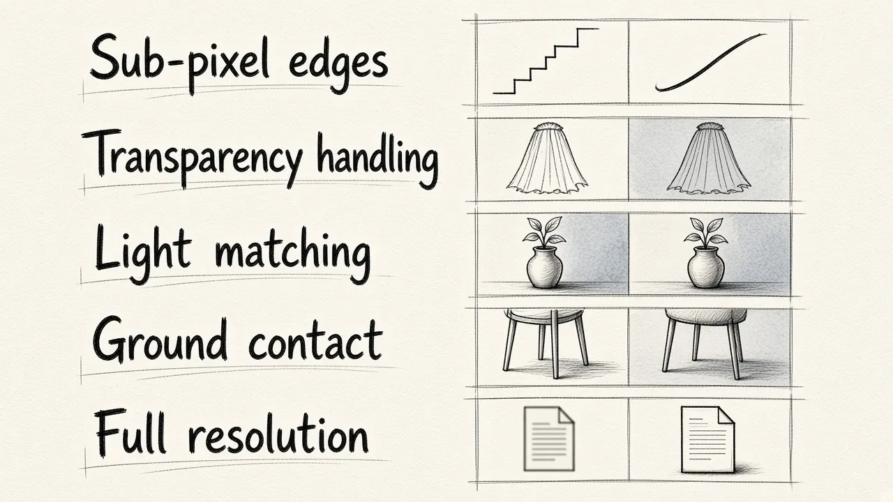 Five side-by-side comparisons showing what makes a perfect background swap: crisp edges, preserved transparency, matched lighting, grounded subjects, and full resolution output.