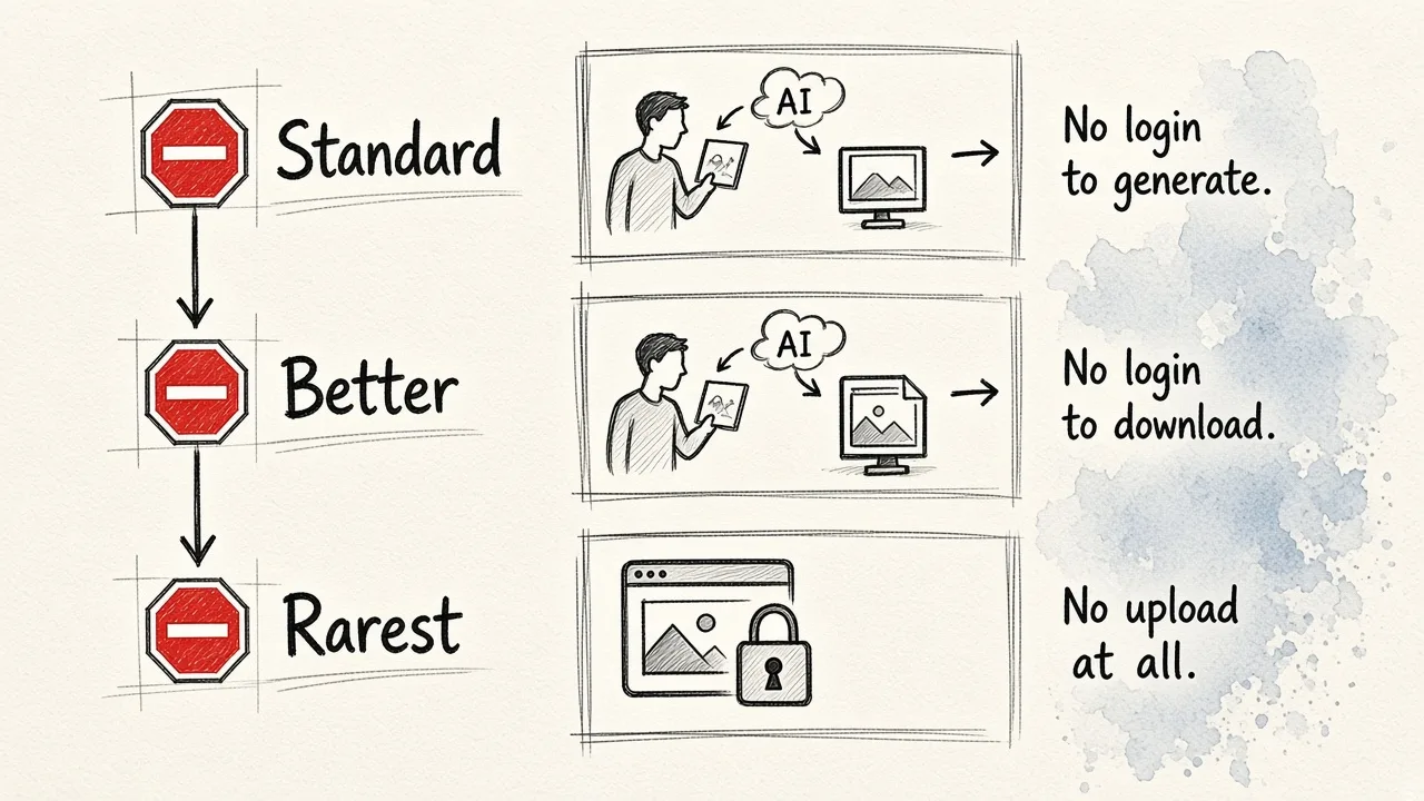 Three levels of 'no login' in AI background tools, from generating without signup to downloading without signup to keeping images private in-browser.