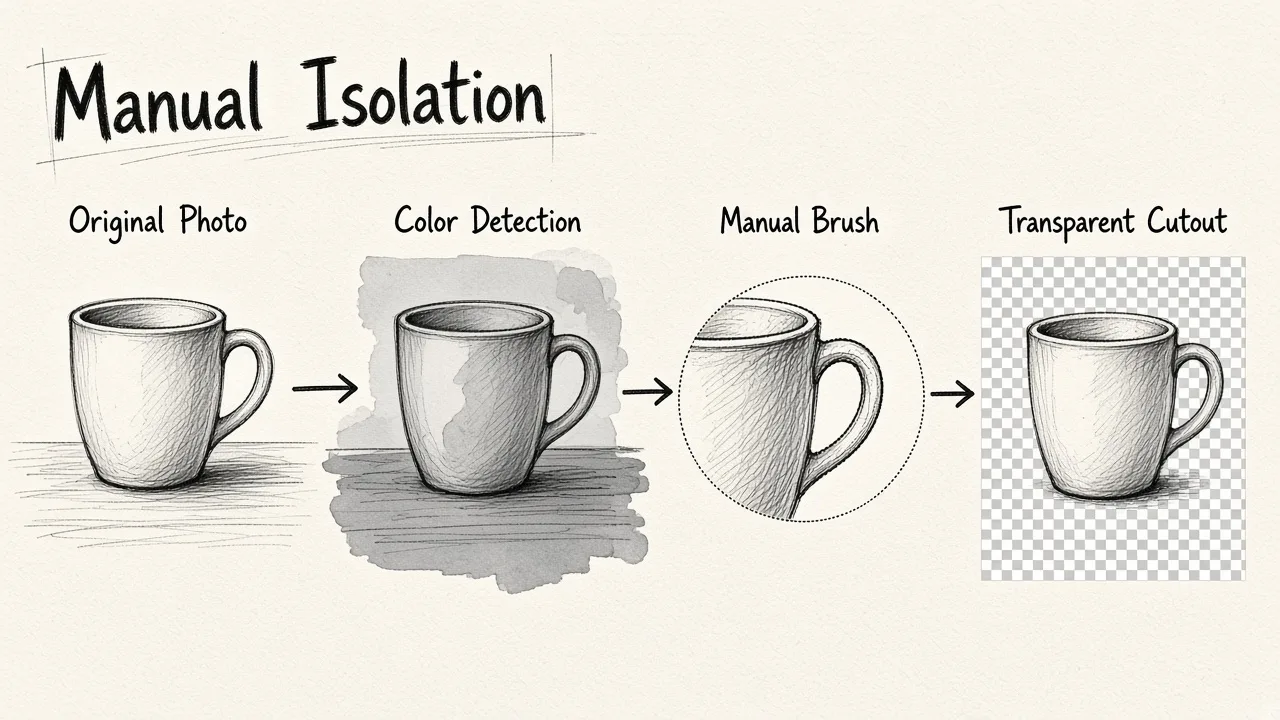 A step-by-step diagram showing a ceramic mug isolated from a cluttered background using color detection, manual brush erasing, and final export to a transparent checkerboard.