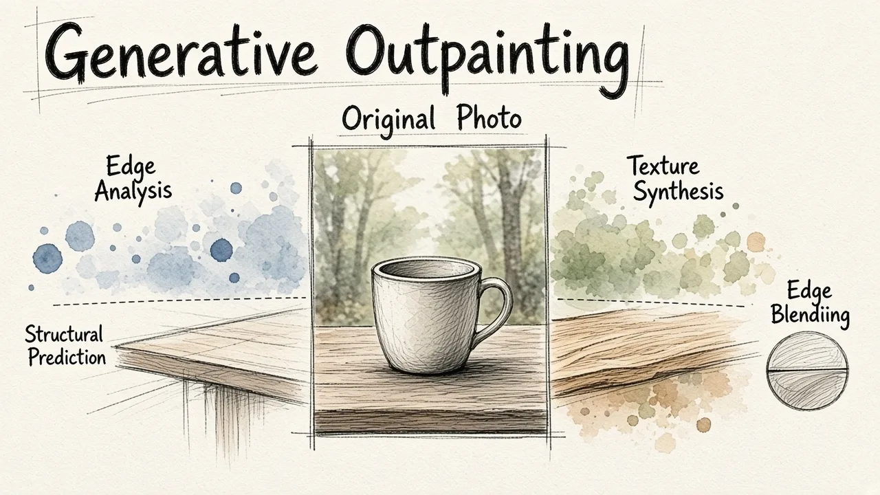 A diagram illustrating how generative outpainting expands a photo using edge analysis, structural prediction, texture synthesis, and edge blending.