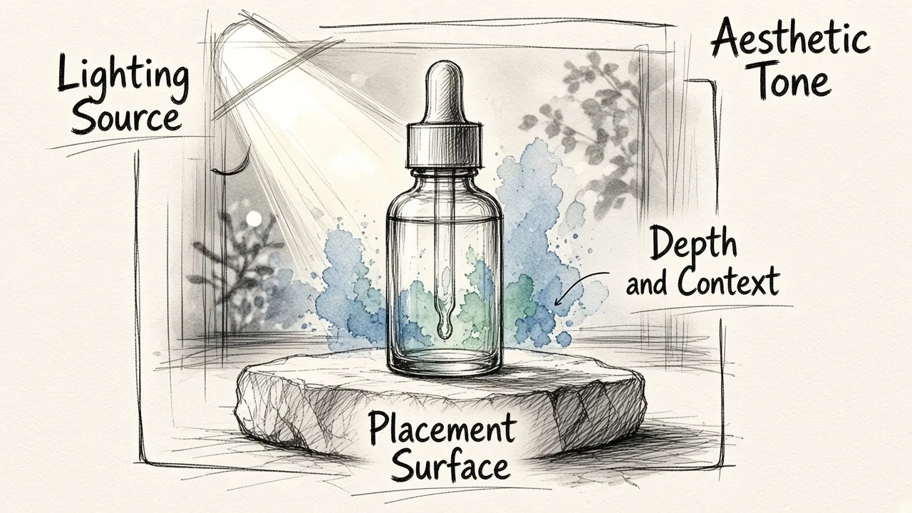 An annotated product scene diagram breaking down four key prompt components: lighting source, depth and context, placement surface, and aesthetic tone.