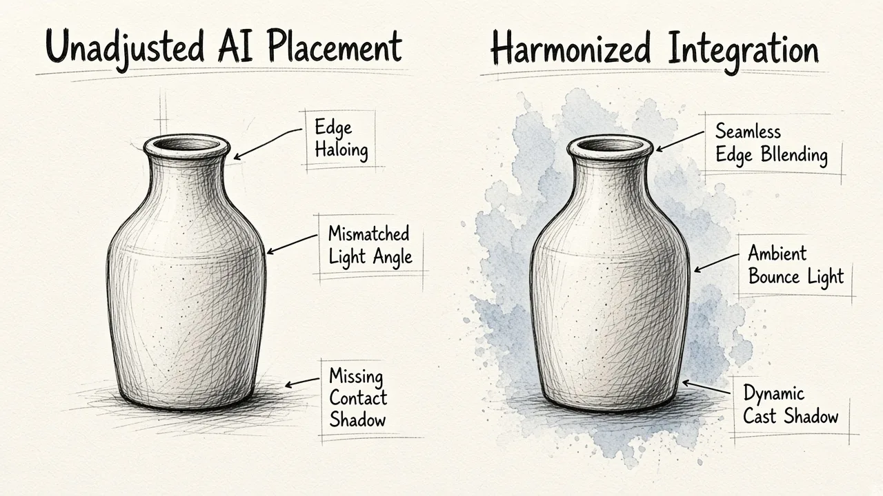Side-by-side diagram comparing unadjusted AI background placement with edge halos and missing shadows against a fully harmonized composite with realistic lighting and contact shadows.