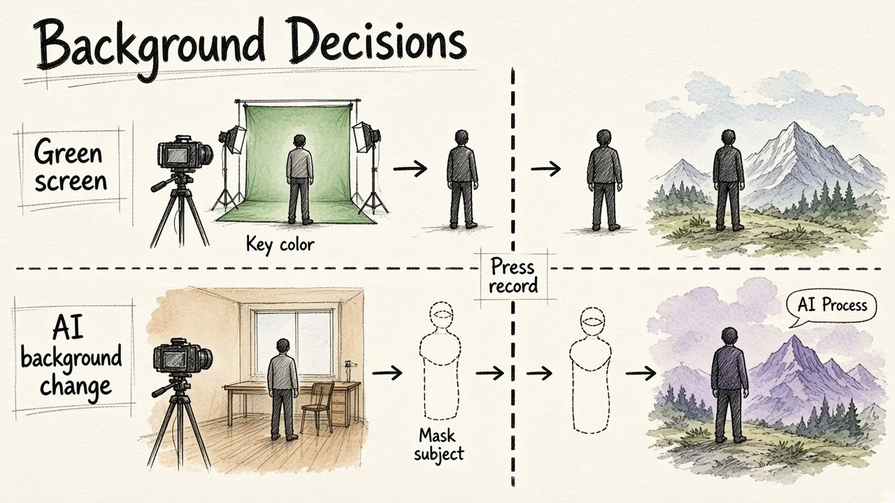 Two-lane timeline comparing green screen, where the background is settled before recording, with AI background change, where a mask and new scene are applied after recording.