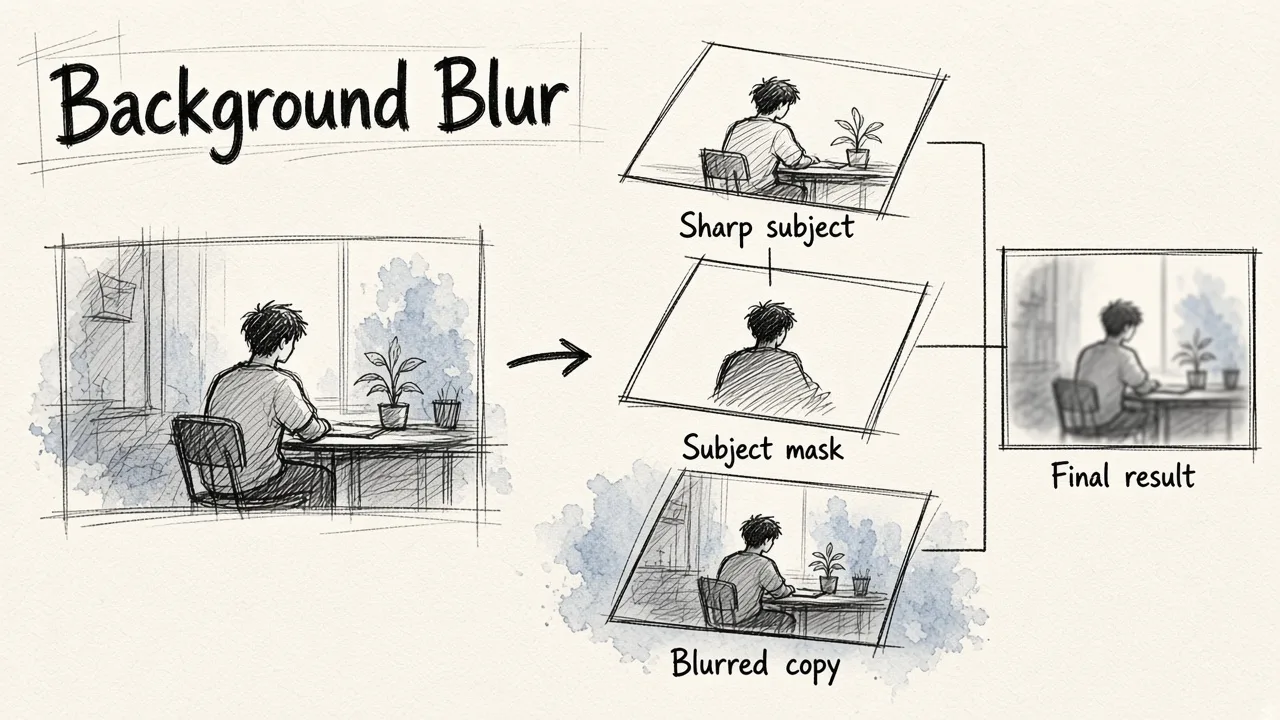 Exploded diagram of a video frame split into a blurred copy, a subject mask and a sharp subject layer that combine into the final blurred-background result.