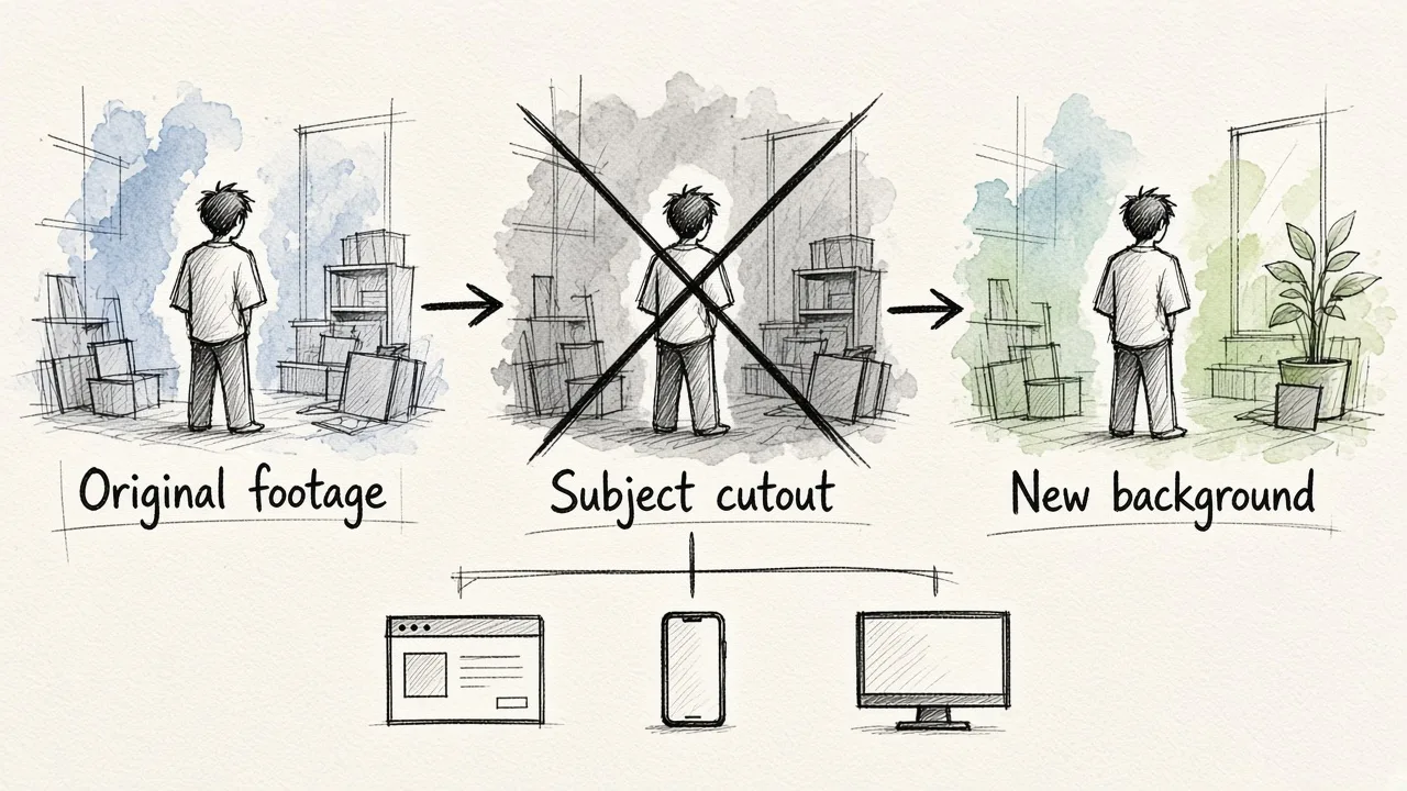 Three-step diagram showing a person cut out from a cluttered room by AI and placed on a new background, with icons for browser, phone and desktop tools beneath.