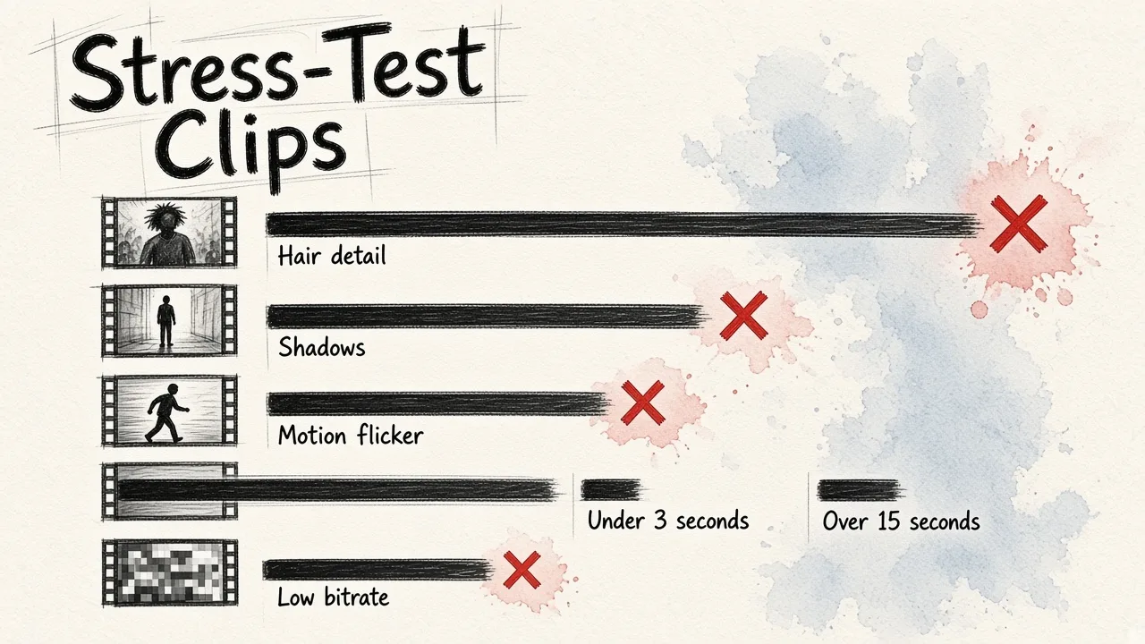 A bar chart of five test clips (hair, shadow, motion, long, and compressed) showing which kinds of footage make AI background changers fail most often.