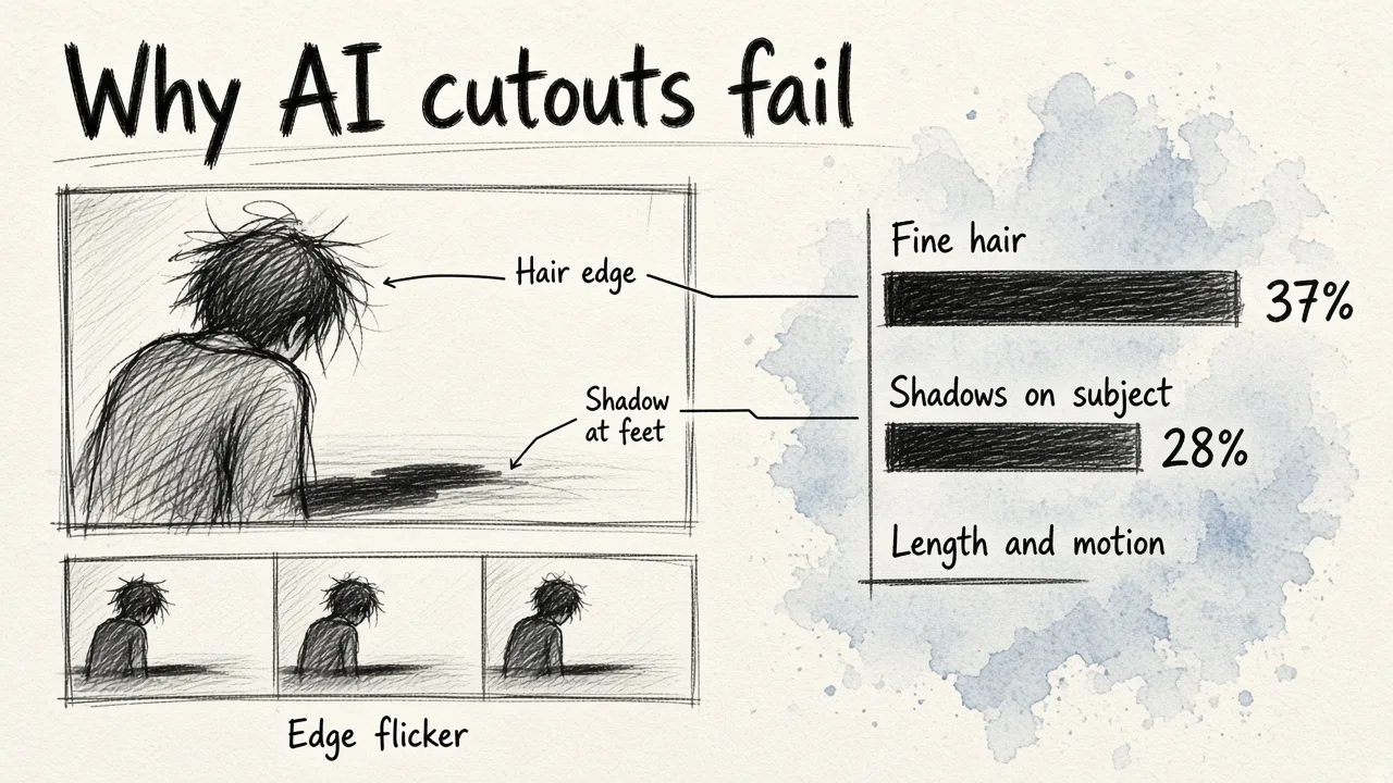 A video frame with problem areas at the hair and shadow linked to a bar chart ranking the main causes of AI background removal failures, with fine hair highest, then shadows.
