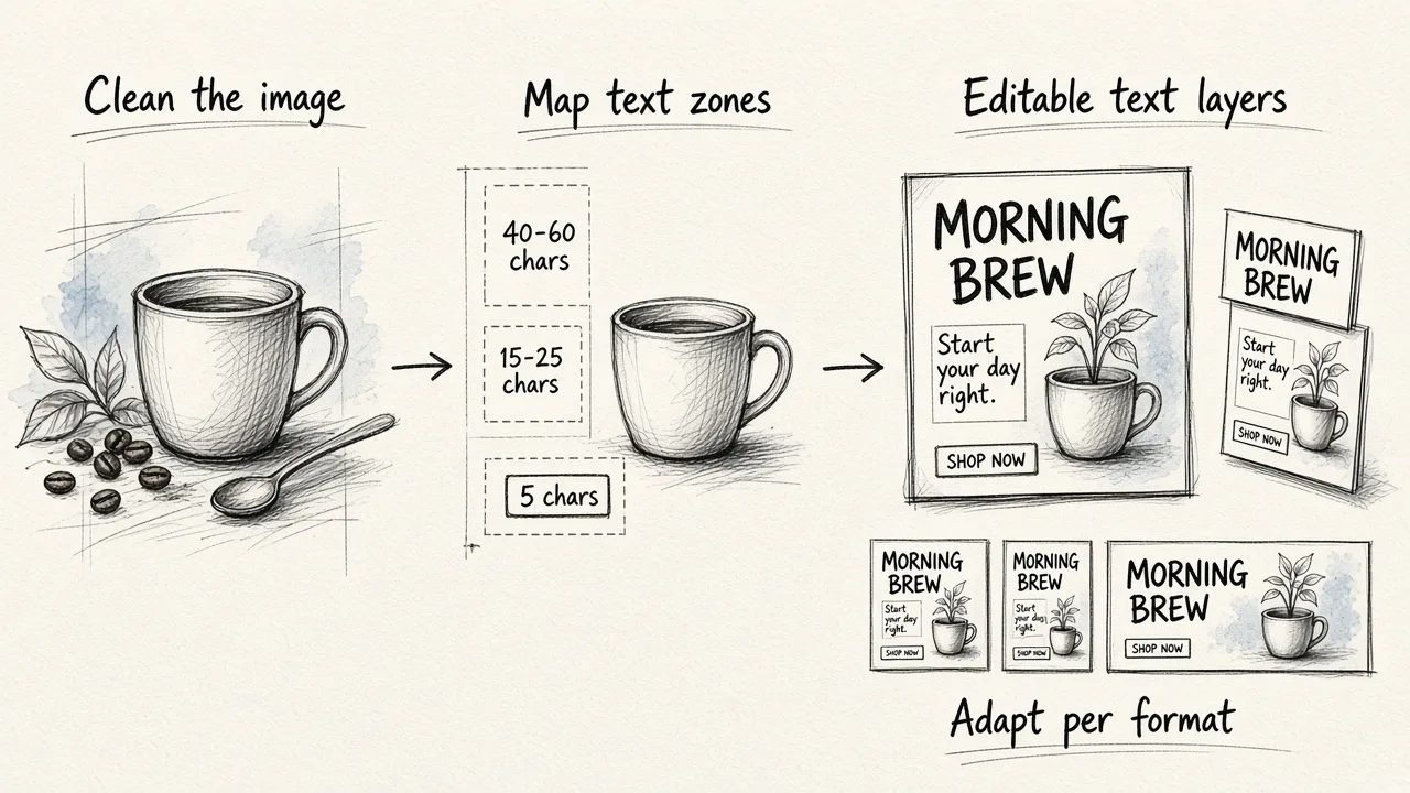 Three-stage workflow showing a cluttered product photo cleaned up, text zones mapped onto the empty space, and the final ad with separate editable text layers resized into square, vertical and banner formats.