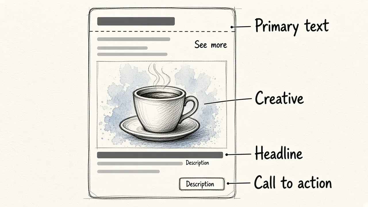 Diagram of a Facebook ad showing where primary text, creative, headline, description and call to action button each appear, with the primary text cut off at 'See more'.